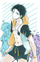  1boy 2girls :&gt; adapted_costume beatrice_(re:zero) biting black_hair brown_eyes commentary_request drill_hair gaa_(butsugen) hair_over_one_eye hand_on_own_cheek hand_on_own_face heart heart-shaped_pupils hood hoodie innertube looking_at_viewer male_swimwear multiple_girls natsuki_subaru open_clothes open_shirt re:zero_kara_hajimeru_isekai_seikatsu rem_(re:zero) shirt short_hair short_sleeves smile striped striped_background swim_ring swim_trunks swimsuit symbol-shaped_pupils twin_drills 