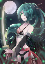  commentary_request cowboy_shot detached_sleeves female full_moon green_eyes green_hair hair_over_one_eye hatsune_miku katana knife_(vocaloid) linch long_hair moon moonlight_butterfly_(module) night ponytail project_diva_(series) solo sword thighhighs vocaloid weapon 