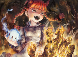  animal_ears bow braid cat_ears commentary_request extra_ears fangs female fingernails fire hairbow hands hitodama kaenbyou_rin long_fingernails nail_polish nametake open_mouth photoshop_(medium) red_eyes red_hair short_hair solo teeth touhou twin_braids upper_body 