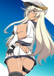  arm_at_side ass azur_lane back backless_dress backless_outfit bare_back black_gloves blonde_hair blue_eyes breasts butt_crack commentary_request cowboy_shot crossed_bangs dark-skinned_female dark_skin dress female fingerless_gloves from_behind gloves hair_between_eyes hand_on_own_hip hat ibuki_pon legs_together long_hair medium_breasts microdress no_bra outline peaked_cap shiny_skin short_dress sideboob solo standing strapless strapless_dress tennessee_(azur_lane) thigh_strap thighhighs tsurime very_long_hair white_hat 