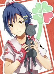  aika_granzchesta aria_(manga) black_cat blue_hair bow commentary_request feline female gloves hair_ornament hairclip hat hime_granzchesta himeya_company_uniform short_hair single_glove solo tomitayaki uniform yellow_eyes 