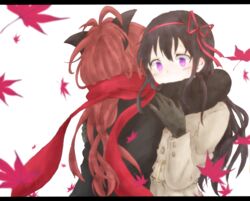  2girls akemi_homura autumn_leaves bad_id bad_pixiv_id black_gloves black_hair bow gloves hair_ribbon hairbow highres hug letterboxed long_hair mahou_shoujo_madoka_magica mahou_shoujo_madoka_magica_(anime) multiple_girls ponytail purple_eyes red_hair ribbon sakura_kyoko scarf simple_background surprised white_background winter_clothes wosusi 