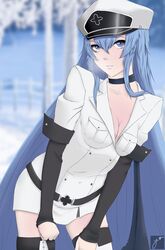  akame_ga_kill! blue_eyes blue_hair breasts cleavage esdeath esdese female hat long_hair medium_breasts solo square_enix standing uniform 