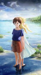  2girls anna_(omoide_no_marnie) back-to-back bad_id bad_pixiv_id barefoot blonde_hair blue_eyes brown_hair cloud cloudy_sky curly_hair day dress full_body holding_hands interlocked_fingers lake long_hair looking_down marnie_(omoide_no_marnie) multiple_girls nababa omoide_no_marnie outdoors profile shoes short_hair shorts sky sneakers standing wading water white_dress 