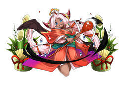  bamboo bare_shoulders blue_eyes bow bracelet breasts cleavage commentary_request confetti dark-skinned_female dark_skin female gochiwa hair_ribbon hathor_(p&amp;d) horns ink japanese_clothes jewelry kadomatsu kagami_mochi kimono long_hair looking_at_viewer medium_breasts nengajou new_year obi object_on_head off_shoulder open_mouth paintbrush pink_hair puzzle_&amp;_dragons ribbon sash solo twintails very_long_hair white_background 