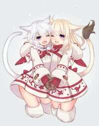  2girls ;d animal_ears blonde_hair bow bowtie braid breasts breath cat_ears cat_tail cheek-to-cheek closed_eyes commentary_request cropped_legs dress eyelashes facial_mark final_fantasy final_fantasy_xiv fur_trim grey_background heads_together holding_hands long_sleeves matching_outfits miqo&#039;te mittens multiple_girls one_eye_closed open_mouth purple_eyes red_bow red_bowtie ren-co short_dress simple_background small_breasts smile snowing tail twin_braids warrior_of_light_(ff14) white_dress white_hair white_legwear winter winter_clothes 