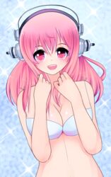  bikini blush breasts cleavage commentary_request female headphones highres large_breasts long_hair looking_at_viewer magpii navel nitroplus open_mouth pink_eyes pink_hair smile solo super_sonico swimsuit 