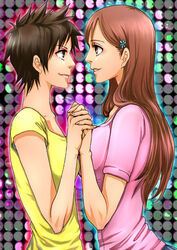  2girls ai_(ai1470) arisawa_tatsuki black_hair bleach brown_eyes brown_hair closed_mouth collarbone commentary_request eye_contact fingernails from_side hair_ornament hairclip holding_hands inoue_orihime interlocked_fingers lips long_hair looking_at_another multiple_girls parted_lips pink_shirt shirt short_hair short_sleeves smile spiked_hair t-shirt upper_body very_short_hair yellow_shirt yuri 