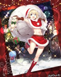  1boy 3girls belt blonde_hair blue_eyes boots box brown_gloves capelet christmas christmas_ornaments christmas_tree commentary_request earrings full_body fur_trim gift gift_box gloves highres hood jewelry knee_boots lamppost looking_at_viewer midriff multiple_girls navel open_mouth original pom_pom_(clothes) red_footwear red_hood red_skirt running sack santa_costume skirt smile snow stuffed_animal stuffed_toy teddy_bear torn_sack twitter_username type-alpha winter_clothes 