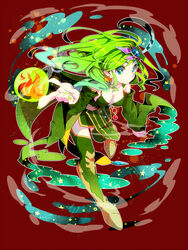  akibotann aqua_eyes boots breasts cleavage commentary_request detached_sleeves female final_fantasy final_fantasy_iv full_body green_footwear green_hair green_leotard green_thighhighs hair_ornament hairpin leotard long_hair magic medium_breasts miniskirt pointing red_background rydia_(ff4) skirt smile solo thighhighs 