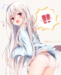  ! !! ^^^ ass assisted_exposure backless_panties blush bow clothes_lift commentary_request female furrowed_brow kasako_(komeshiro_kasu) komeshiro_kasu lace lace-trimmed_panties lace_panties lace_trim lifting_another&#039;s_clothes long_hair off-shoulder_sweater off_shoulder open_mouth original panties red_eyes solo_focus standing sweater sweater_lift tears underwear very_long_hair white_bow white_hair 