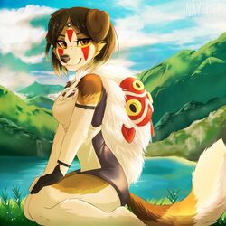  1:1 anthro biped bodypaint brown_body brown_eyes brown_fur canid canine canis clothed clothing domestic_dog face_paint female fluffy fluffy_tail forest freckles fur ghibli hi_res indian jewelry kneeling lake looking_at_viewer mammal mask mononoke_hime mountain native_american nature nayel-ie necklace outside plant san_(princess_mononoke) solo sunny tail tan_body tan_fur tree water whiskers 