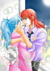  1boy absurdres blue_hair botan_(yu_yu_hakusho) botan_(yuu_yuu_hakusho) bubble couple dress_shirt female female green_eyes highres japanese_clothes kimono kottonn12 kurama long_hair male moon necktie night pink_eyes ponytail purple_shirt red_hair shirt yu_yu_hakusho yuu_yuu_hakusho 