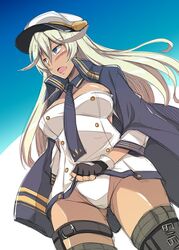  ass_visible_through_thighs azur_lane belt belt_buckle black_belt black_gloves black_thighhighs blonde_hair blue_eyes blue_necktie blush breasts buckle buttons cleavage clothes_lift commentary_request cowboy_shot crossed_bangs dark-skinned_female dark_skin dress dress_lift eyelashes female gloves hair_between_eyes hat ibuki_pon legs_apart lifting_own_clothes long_hair looking_away medium_breasts microdress necktie panties peaked_cap pouch solo standing straight_hair strapless strapless_dress tennessee_(azur_lane) thigh_strap thighhighs tongue underwear white_dress white_hat white_panties 