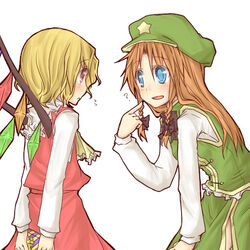  2girls ? arms_behind_back ascot beret blonde_hair blue_eyes blush bow braid brown_hair commentary_request flandre_scarlet gift hairbow hat holding holding_gift hong_meiling long_hair multiple_girls natsuk no_headwear one_eye_closed partial_commentary pointing red_eyes side_slit smile star_(symbol) touhou twin_braids wings 