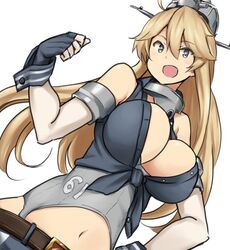  blonde_hair blue_eyes breasts cleavage coco_nesta commentary_request elbow_gloves female fingerless_gloves front-tie_top gloves hair_between_eyes headgear iowa_(kancolle) kantai_collection large_breasts long_hair shibafu_(glock23)_(style) solo star-shaped_pupils star_(symbol) symbol-shaped_pupils 