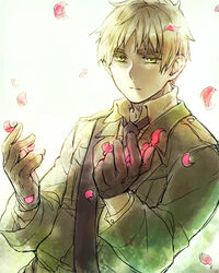  1boy axis_powers_hetalia bad_id bad_pixiv_id blonde_hair commentary_request gloves ha.skr_(hasukara) male_focus military military_uniform necktie petals photoshop_(medium) solo uniform united_kingdom_(hetalia) 