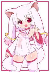  animal_ears bad_id bad_pixiv_id breasts cat_ears detached_sleeves female kyuubee long_hair mahou_shoujo_madoka_magica mahou_shoujo_madoka_magica_(anime) medium_breasts meiro_(yuu) oerba_yun_fang one-piece_swimsuit personification pink_hair rabbit_ears red_eyes school_swimsuit short_hair sideboob solo swimsuit tail thighhighs white_one-piece_swimsuit 