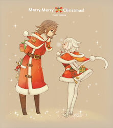  ! 1boy 2016 animal_ears arms_behind_back belt belt_buckle black_dress blue_eyes blush boots box braid brown_background brown_footwear brown_hair buckle capelet cat_ears cat_tail christmas closed_mouth commentary_request dress english_text facial_mark female final_fantasy final_fantasy_xiv from_side full_body fur_trim gift gift_box hat hiding holding holding_gift hood hood_down leaning_forward legs_apart long_hair long_sleeves looking_at_another merry_christmas miqo&#039;te pantyhose pom_pom_(clothes) profile ren-co robe santa_costume santa_hat shoes short_dress signature smile snowing sparkle standing stuffed_toy tail twin_braids warrior_of_light_(ff14) white_footwear white_hair white_legwear 