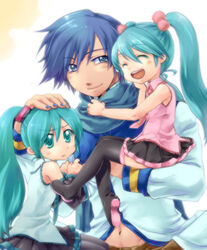  1boy 2girls :d ^_^ aged_down aqua_eyes aqua_hair bad_id bad_pixiv_id blue_eyes blue_hair blue_nails blue_scarf carrying chibi_miku closed_eyes detached_sleeves dual_persona eric_flay hair_bobbles hair_ornament happy hatsune_miku headpat holding kaito_(vocaloid) long_hair multiple_girls nail_polish open_mouth petite_miku scarf skirt smile twintails vocaloid 