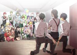  6+boys 6+girls akizuki_ritsuko amami_haruka anastasia_(idolmaster) balloon black_hair blonde_hair blue_hair brown_hair camera cellphone commentary_request door dramatic_stars_(idolmaster) dressing_room eyewear_on_head formal ganaha_hibiki glasses green_hair honda_mio hoshii_miki idol idolmaster idolmaster_(classic) idolmaster_cinderella_girls idolmaster_side-m jougasaki_rika kaerre kashiwagi_tsubasa kisaragi_chihaya love_laika_(idolmaster) lying mina_(o414) multiple_boys multiple_girls new_generations_(idolmaster) nitta_minami on_stomach otonashi_kotori pant_suit pants phone pierre_bichelberger pink_diamond_765_(idolmaster) plaid plaid_skirt ponytail producer_(idolmaster) producer_(idolmaster_anime) producer_(idolmaster_cinderella_girls_anime) producer_(idolmaster_side-m_anime) red-framed_eyewear red_hair sakuraba_kaoru school_uniform senkawa_chihiro shibuya_rin shimamura_uzuki sitting sitting_on_person skirt smartphone suit suspenders sweat taking_picture tendo_teru trembling video_camera watanabe_minori yamamura_ken 