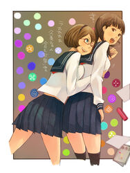  2girls aqua_eyes blush breasts brown_eyes brown_hair commentary_request female_pervert glasses grabbing grabbing_another&#039;s_breast highres hug hug_from_behind kneehighs looking_back mole multiple_girls one_eye_closed open_mouth original pervert pleated_skirt school_uniform serafuku shigureteki short_hair skirt small_breasts smile socks surprised thighhighs translated uniform yuri 