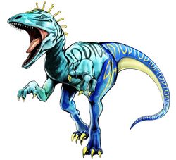  3d_(artwork) blue_body blue_eyes claws deinonychus diego_brando digital_media_(artwork) dinosaur dromaeosaurid extinct feral hirohiko_araki jojo&#039;s_bizarre_adventure male markings official_art open_mouth prehistoric_species reptile scalie scary_monsters sharp_teeth simple_background solo stand_(jjba) standing teeth theropod tongue tongue_out utahraptor white_background 