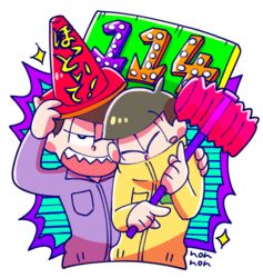  2boys alternate_costume artist_name brothers commentary_request high_collar jumpsuit male_focus matsuno_ichimatsu matsuno_jyushimatsu multiple_boys nonnon_(0nonnon0) object_on_head osomatsu-kun osomatsu-san osomatsu_(series) siblings toy_hammer traffic_cone traffic_cone_on_head 