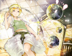  ahoge bare_shoulders blonde_hair brown_eyes children_of_the_rune commentary_request female glowing isolestie_(children_of_the_rune) light lying magic_circle midriff navel on_back on_floor partial_commentary petals photoshop_(medium) short_hair sleeveless solo tales_weaver tiara tiles yellow_eyes yuugen 