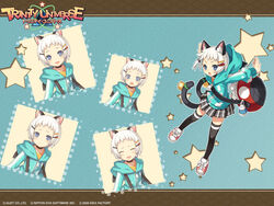  2009 animal_ears aqua_background bag blue_eyes blush cat_ears closed_eyes female full_body hair_ornament hairclip hood miyu_(trinity_universe) multiple_tails multiple_views official_art official_wallpaper plaid short_hair skirt tail tennis thighhighs trinity_universe tsunako white_hair 