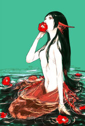  arm_support bad_id bad_pixiv_id black_hair breasts camellia commentary_request covered_mouth female fins flower gills green_background ha.skr_(hasukara) hair_censor head_fins highres holding holding_flower long_hair looking_up mermaid monster_girl mouth_hold navel original red_flower sitting small_breasts solo yokozuwari 