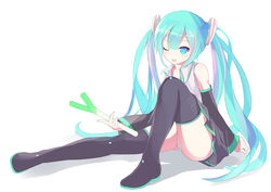  aqua_eyes aqua_hair aqua_panties bare_shoulders black_thighhighs commentary_request detached_sleeves female gumo hatsune_miku highres long_hair long_sleeves one_eye_closed open_mouth panties pantyshot photoshop_(medium) shirt sitting skirt smile solo spring_onion striped_clothes striped_panties thighhighs twintails underwear very_long_hair vocaloid wide_sleeves 