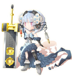  blue_hair bow commentary_request female headphones highres huge_weapon original red_eyes short_hair simple_background solo soundress_(t.a.k.) sword t.a.k. weapon white_background 