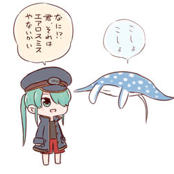  :d animal barefoot batta_(ijigen_debris) black_shirt blush_stickers chibi coat commentary_request female green_eyes grey_hair hair_over_one_eye hat high_collar keifuku-san keifuku_(tatsuki) manta_ray open_mouth peaked_cap ponytail red_shorts shirt shorts simple_background smile translated white_background 