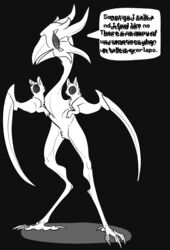  2015 amalgamate black_and_white black_background claws creepy dialogue digital_media_(artwork) english_text featureless_crotch feet hi_res infel-phira monochrome monster reaper_bird sad scared simple_background solo talons text toe_claws toes undertale undertale_(series) 