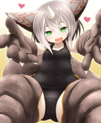  :d black_one-piece_swimsuit blush commentary_request fangs female gomora green_eyes heart highres horns one-piece_swimsuit open_mouth outstretched_arms personification photoshop_(medium) school_swimsuit short_hair silver_hair single_horn smile solo swimsuit ultra_kaijuu_gijinka_keikaku ultra_series ultraman_(1st_series) watarui 