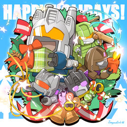  1980s_(style) 5boys bell blast_off_(transformers) blue_background box brawl_(transformers) candle candy candy_cane cannon christmas christmas_ornaments christmas_tree combaticon commentary_request decepticon english_text fire food fur_trim gift gift_box glowing grin gun insignia looking_at_viewer merry_christmas multiple_boys no_humans onslaught_(transformers) open_mouth orange_eyes purple_eyes red_eyes retro_artstyle ribbon sergeantctrln smile star_(symbol) swindle_(transformers) transformers transformers:_generation_1 vortex_(transformers) weapon white_eyes 