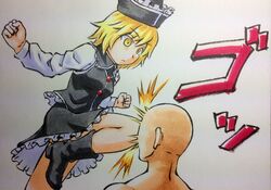  1boy bald blonde_hair boots commentary_request faceless faceless_male female hat in_the_face kawachi_koorogi knee_to_face kneeing lunasa_prismriver marker_(medium) outstretched_arm short_hair touhou traditional_media yellow_eyes 