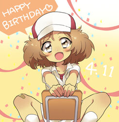  1boy androgynous bad_id bad_pixiv_id baseball_cap blush brown_eyes brown_hair dated happy_birthday hat kai_yuujirou male_focus msp_sammy oerba_yun_fang shoes sneakers solo tennis_no_ouji-sama 