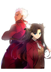  1boy archer_(fate) blue_eyes brown_hair commentary_request dark-skinned_male dark_skin fate/stay_night fate_(series) female highres long_hair samuraig tohsaka_rin two_side_up white_hair 