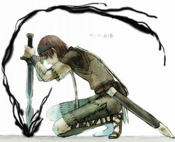  1boy aqua_eyes commentary_request darkness ha.skr_(hasukara) hand_on_own_face hands_on_hilt kneeling male_focus photoshop_(medium) serious shadow_of_the_colossus sheath solo sword wander_(shadow_of_the_colossus) weapon 