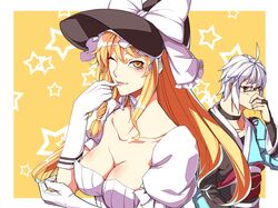  1boy aged_up ahoge bad_id bad_pixiv_id blonde_hair blood bonnet breasts cleavage female glasses grey_hair highres huge_breasts invincible_marisa kirisame_marisa large_breasts long_hair morichika_rinnosuke new_super_marisa_land nosebleed one_eye_closed scottie_(phantom2) short_hair star_(symbol) straight touhou upper_body yellow_eyes 