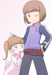  1boy :d bad_id bad_pixiv_id bow brother_and_sister brown_eyes brown_hair crown dress female frills gundam gundam_build_fighters hand_on_own_hip headpat jacket lolicon long_hair long_sleeves mini_crown one_eye_closed open_mouth ouboken sazaki_kaoruko sazaki_susumu short_hair siblings smile twintails 