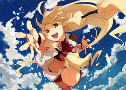  blonde_hair caee_penguin commentary_request day female foreshortening green_eyes hands highres jacket long_hair open_mouth original outstretched_arm outstretched_hand photoshop_(medium) reaching shorts sky smile solo 