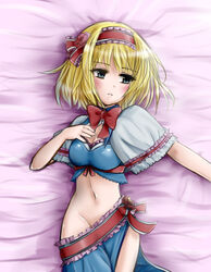  adapted_costume alice_margatroid bad_id bad_pixiv_id blonde_hair blue_eyes blush breasts capelet cleavage cowboy_shot dakimakura_(medium) female frills groin hairband lying medium_breasts midriff mizuki_miyu navel no_panties on_back short_hair solo touhou 