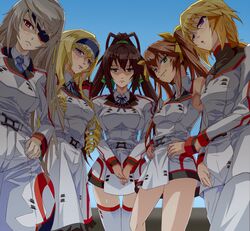  5girls blonde_hair blue_eyes cecilia_alcott charlotte_dunois commentary_request curly_hair eyepatch green_eyes grey_hair hiroaki_(hiropon_pj) huang_lingyin infinite_stratos jodhpurs laura_bodewig long_hair multiple_girls pants purple_eyes ribbon school_uniform shinonono_houki short_hair thighhighs thighs twintails very_long_hair 