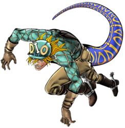  3d_(artwork) blonde_hair blue_eyes boots clothed clothing diego_brando digital_media_(artwork) dinosaur dromaeosaurid extinct footwear gloves grin hair handwear hirohiko_araki human humanoid hybrid jojo&#039;s_bizarre_adventure long_hair looking_at_viewer low_res male mammal markings official_art prehistoric_species reptile ribbons riding_helmet scalie scary_monsters simple_background smile solo spurs stand_(jjba) theropod transformation utahraptor white_background 