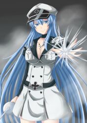  akame_ga_kill! aqua_eyes aqua_hair belt blue_eyes blue_hair breasts cleavage esdeath esdese female female general general(shogun) hat highres ice ice_wings large_breasts long_hair looking_at_viewer military military_uniform miniskirt peaked_cap shogun skirt smile solo standing sword tattoo uniform very_long_hair weapon 