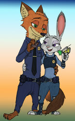  2016 absurd_res anthro barefoot buckteeth canid canine claws clothed clothing dipstick_tail disney duo feet female fox fully_clothed fur gradient_background green_eyes gun hand_behind_back hi_res holding_gun holding_object holding_ranged_weapon holding_weapon inner_ear_fluff judy_hopps lagomorph leporid male mammal markings multicolored_tail nick_wilde open_mouth open_smile otakurec37 police police_uniform predator/prey purple_eyes rabbit ranged_weapon red_fox simple_background size_difference smile standing tail tail_markings teeth toe_claws true_fox tuft uniform weapon ziegelzeig zootopia 