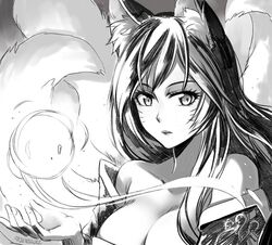  ahri_(league_of_legends) animal_ears artist_name bare_shoulders breasts cleavage commentary_request facial_mark female fox_ears large_breasts league_of_legends long_hair monochrome multiple_tails signature solo songwut_ouppakarndee tail upper_body whisker_markings 